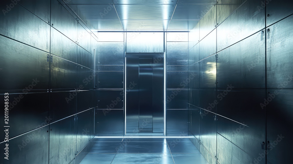 Fototapeta premium Futuristic interior space features a long, metallic corridor with sleek paneling, leading to a glowing vault door, creating a sense of advanced technology and security