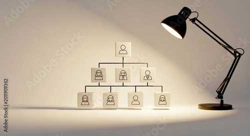 Business organization chart under desk lamp on white background with hierarchy structure