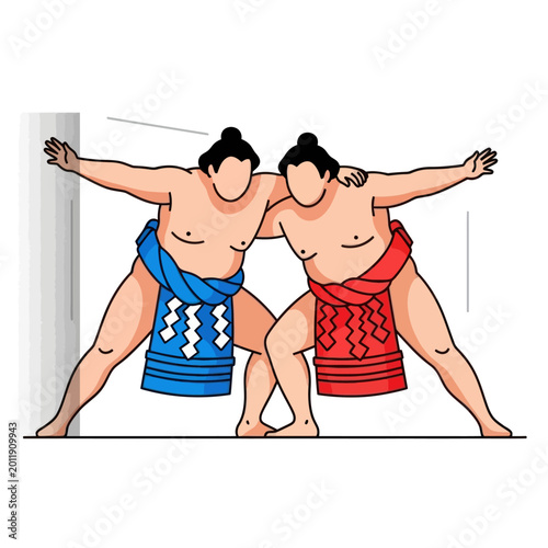Obraz na plátně Sumo wrestlers grappling, pushing against a pillar, traditional Japanese sport