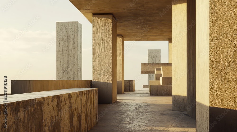 Fototapeta premium Abstract brutalist building featuring geometric shapes and robust concrete surfaces under a clear sky, with strong shadows highlighting the imposing structure and modern design
