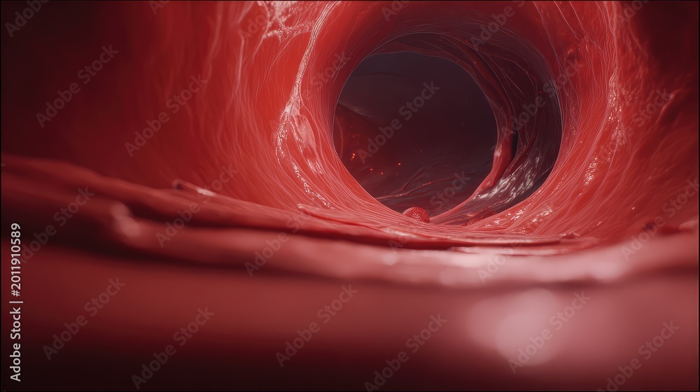 Fototapeta premium Interior view of a red organic blood vessel, focusing on the intricate biological tissue and a microscopic cell, representing concepts of human anatomy, medicine, and health