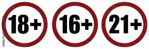 Foto Content restriction icons 16+, 18+, 21+ age limit symbols pack, professional gra
