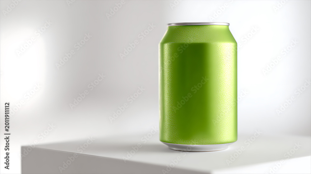 Fototapeta premium Vibrant Green Aluminum Beverage Can on White Surface in a Bright Studio Environment, Ready for Product Branding or Refreshment Concepts