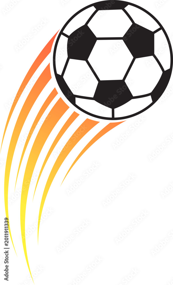 Fototapeta premium Soccer ball flying icon, football kick with motion trail symbol, goal and speed effects icon sign, sports tournament symbol, fast action game vector element isolated on transparent background