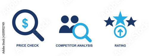 Foto Price check competitor analysis and rating star growth flat business icons set