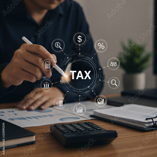 Businessman reviewing tax documents with financial icons and calculator