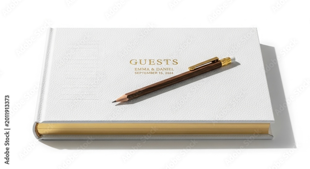 Naklejka premium Elegant white guest book with gold foil lettering, luxury wedding registry journal with wooden pen, minimalist stationery for events and celebrations isolated on White Background