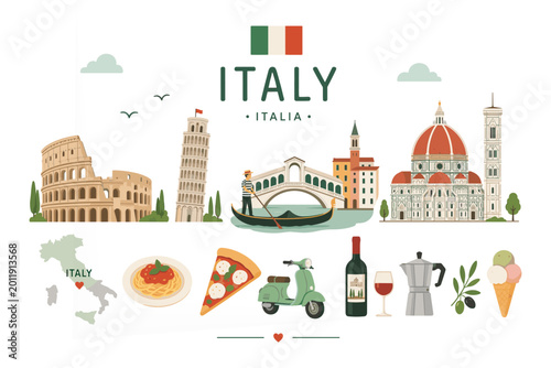 Italy travel doodle illustration set with famous landmarks food and traditional Italian symbols