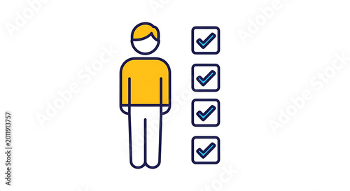 Yellow stick figure with four checked boxes, flat person