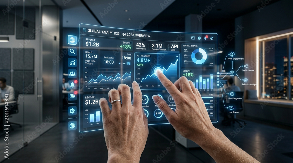 Fototapeta premium Business professional interacting with digital financial dashboard on large touchscreen display