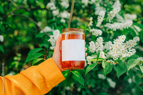 Female hand holding jar of spring multi-flower honey, flowering tree background, sunlight, mockup.