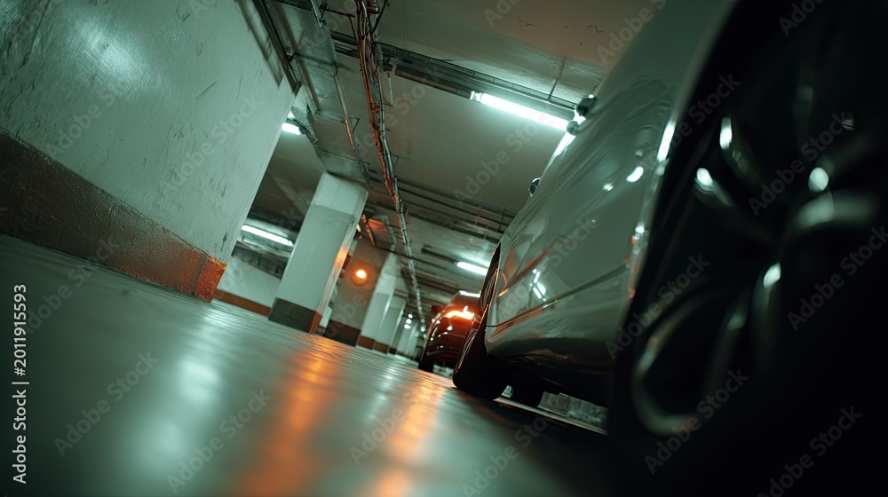 Fototapeta premium Parking garage with cars parked along a concrete wall, illuminated by artificial light creating a moody and urban environment, reflecting on the smooth floor