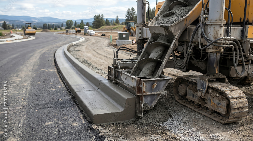 Fototapeta premium Slipform paver extruding a fresh concrete curb and gutter along a new street
