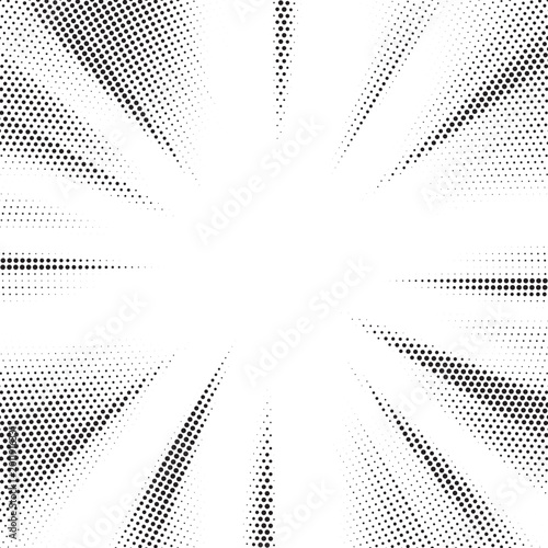 Edge frame. Halftone cartoon border. Pop art dot. Attention pattern. Faded attention texture. Black line isolated on white background. Concentration lines design. Grunge dots zoom. Vector illustration