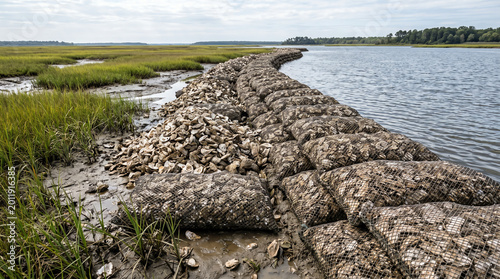 Bagged oyster shell breakwater on an estuarine shoreline restoration project
