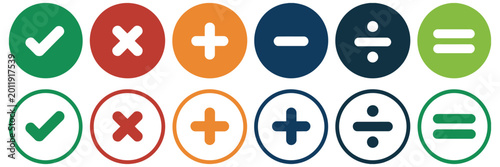 Tableau sur toile Colorful circular symbols representing basic arithmetic operations and equality,