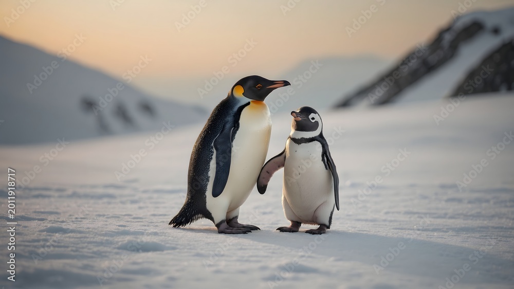 Obraz premium Dos pingüinos caminando sobre la nieve en un paisaje polar de la Antártida