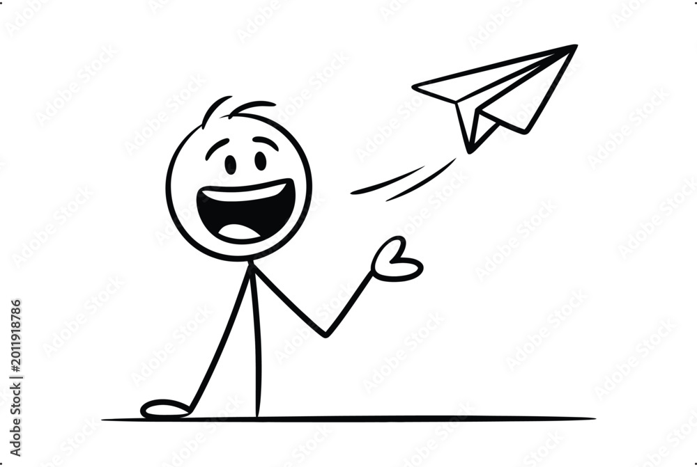 Obraz premium Happy stick figure cartoon character throwing a paper airplane, symbolizing new ideas and communication.