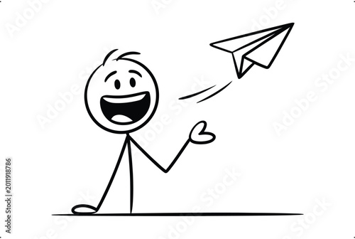 Happy stick figure cartoon character throwing a paper airplane, symbolizing new ideas and communication.
