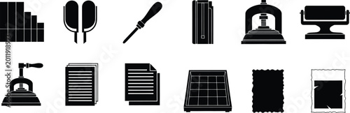 Foto Printing bookbinding equipment icons collection for press design in black