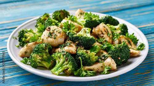 Chicken with broccoli on a white plate on blue wooden background 