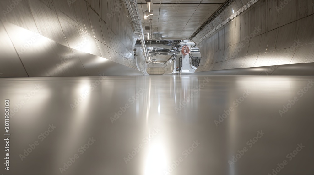 Fototapeta premium Structure featuring smooth concrete walls and a highly polished floor reflecting overhead lights, creating a clean and futuristic ambiance in an architectural passageway