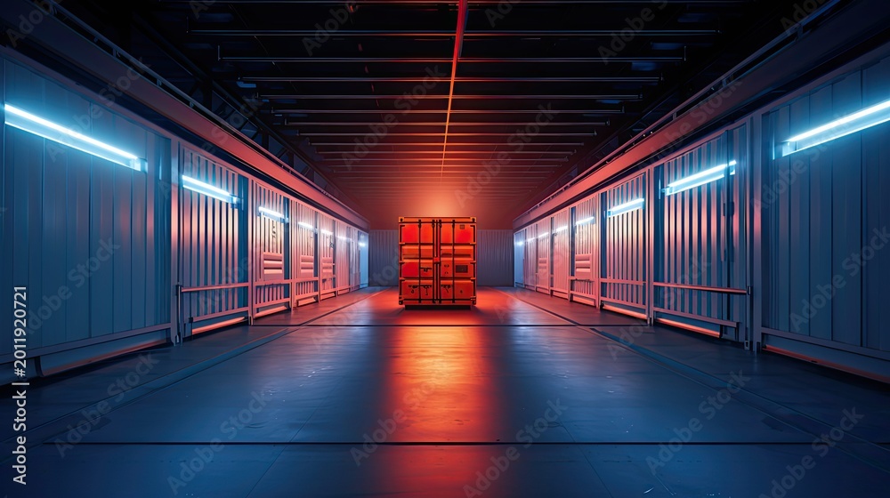 Fototapeta premium Single shipping container highlighted by vibrant red and blue neon lights, positioned centrally in a sci fi warehouse corridor, embodying modern logistics and storage concepts