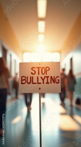 Sign that says stop bullying in a hallway