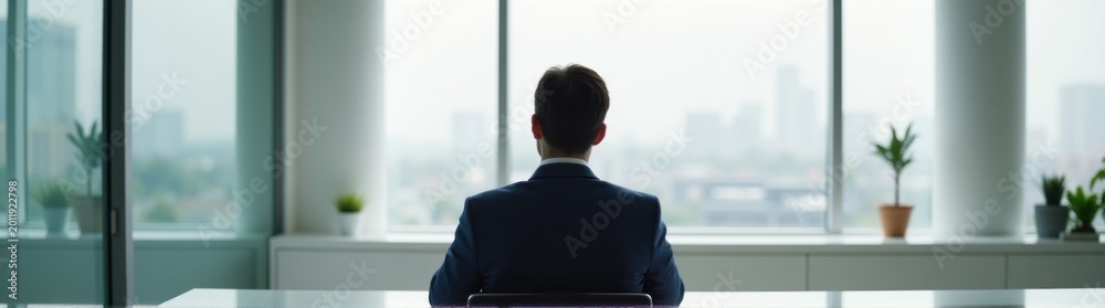 Fototapeta premium Man sitting at a desk looking out the window