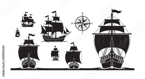 Fotografija Vintage Sailing Ship and Pirate Vessel Silhouettes with Compass Rose - Nautical