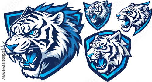 Foto Aggressive white tiger mascot vector set, blue and white tiger head sports logos