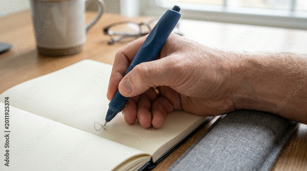 Fototapeta premium White man writing with ergonomic support for accessibility and inclusion at workspace with copy space