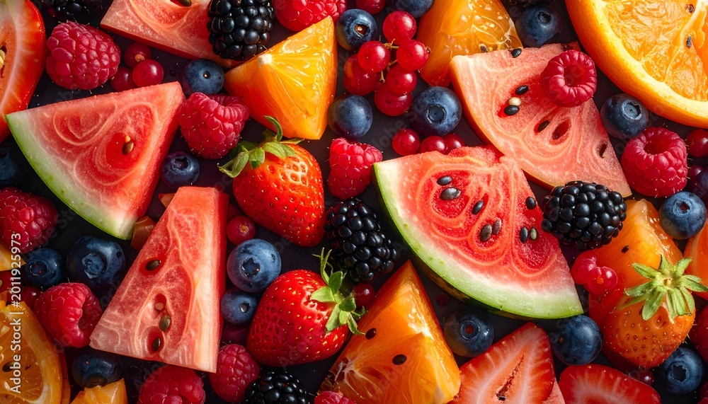 Obraz premium Sliced assorted fruits create a colorful, vibrant, and appetizing background
