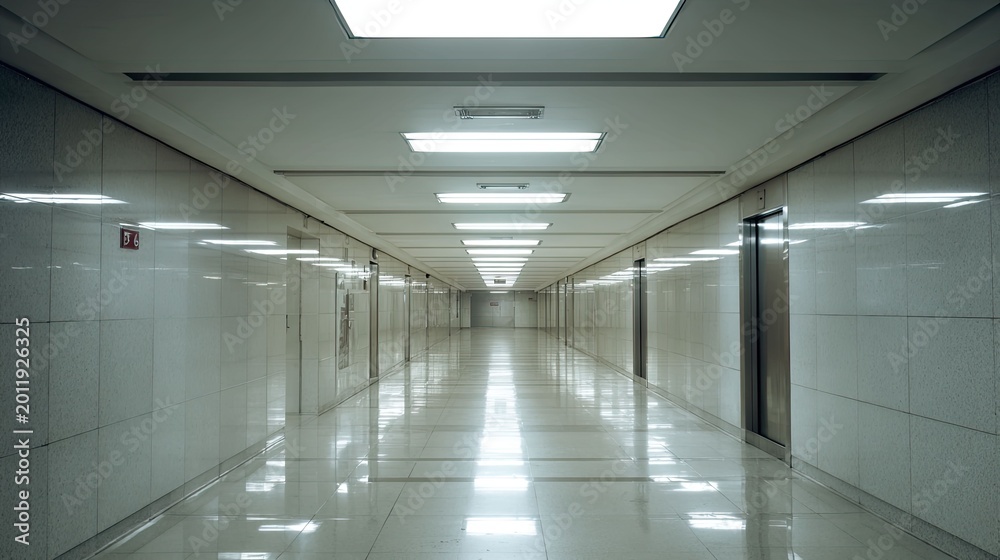 Fototapeta premium Long empty, clean, and bright corridor with fluorescent lights reflecting on a polished white tiled floor, creating a deep perspective and sense of vastness in modern building architecture