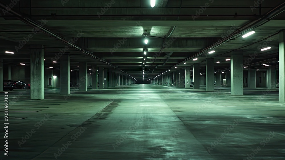 Fototapeta premium Empty underground parking garage with concrete pillars and fluorescent lighting creating a symmetrical, foreboding, and unsettling atmosphere, conveying themes of urban isolation