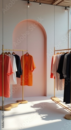 Clothes hanging on a rack in a room sale discount concept