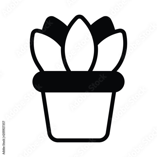 Potted succulent plant icon, black and white illustration, indoor plant