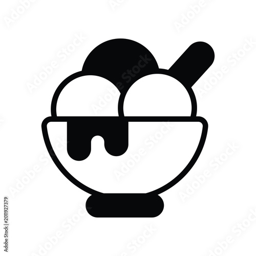 Ice cream sundae icon with spoon, black and white illustration, frozen dessert