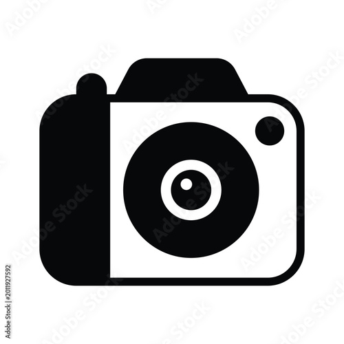 Simple black and white camera icon with photography equipment illustration