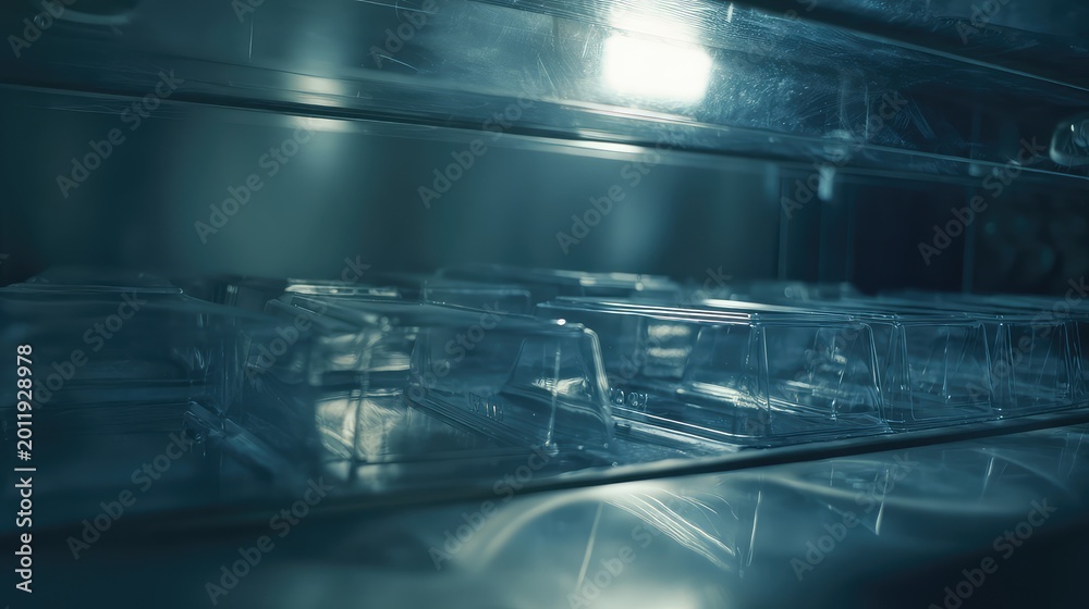 Obraz premium Clear plastic packaging containers moving on a sterile conveyor belt within a manufacturing facility, emphasizing automation and food safety standards