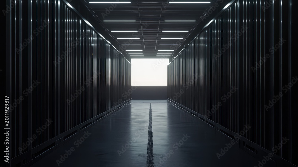 Fototapeta premium Dark futuristic corridor leading to a bright light at the end, symbolizing progress, future, and potential, creating a sense of journey and exploration in technology and modern design