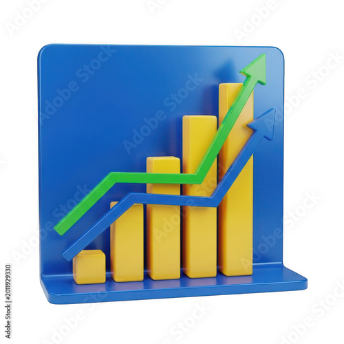 3D business bar chart with rising growth arrows on blue board for financial success, market analysis, and investment statistics isolated on transparent background.