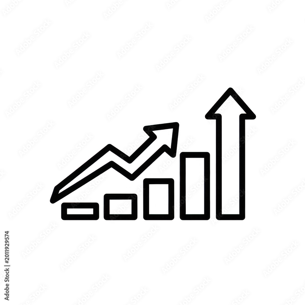 Fototapeta premium Minimalist Black Line Growth Bar Chart with Upward Arrows Representing Business Success, Financial Progress and Data Analysis Isolated on Transparent Background.