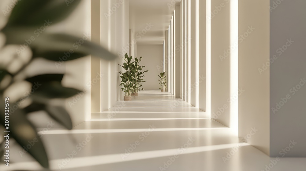 Fototapeta premium Minimalist modern architectural corridor featuring sleek design, clean lines, and indoor plants, creating a serene environment with warm natural light and shadow patterns across the floor