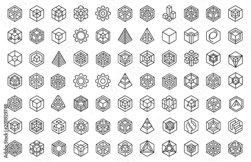 Cuadro en lienzo Isometric geometric cube pyramid and gear icons for tech vector illustration set