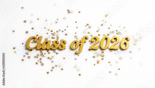 Class of 2026 gold lettering with confetti isolated on a white background high quality professional detailed