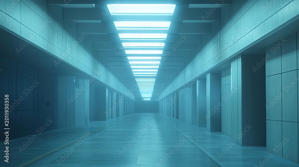 Fototapeta premium Empty long hallway with glowing ceiling light providing a clean, modern, and futuristic architectural perspective, evoking concepts of technology, progress, and minimalism