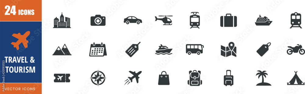 Fototapeta premium Travel and tourism vector icons set. for web and mobile design. vacation, adventure and destination concepts. Editable icons. Vector illustration.