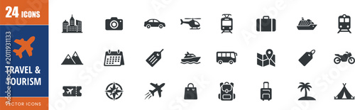 Travel and tourism vector icons set. for web and mobile design.  vacation, adventure and destination concepts. Editable icons. Vector illustration.