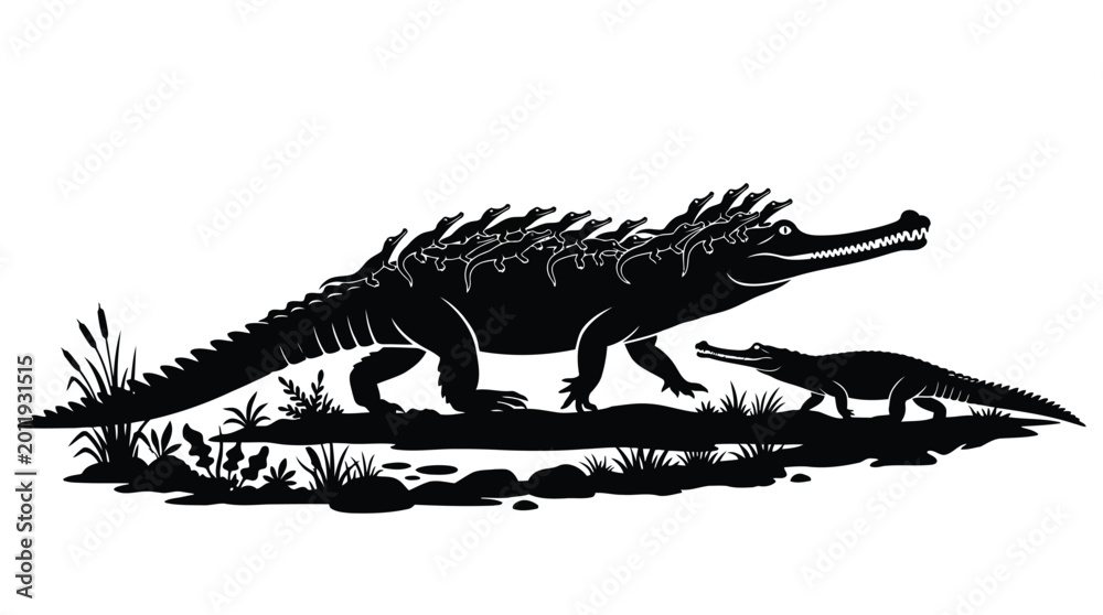 Fototapeta premium Crocodile mother with babies on back vector illustration